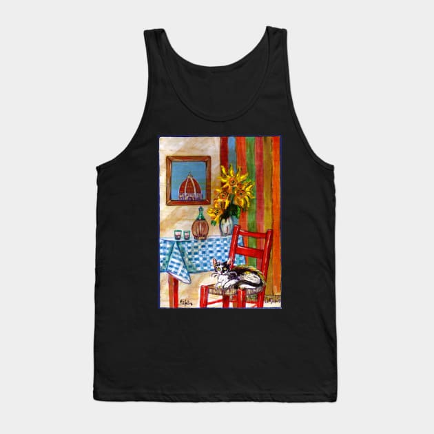 RUSTIC ITALIAN KITCHEN IN FLORENCE Cat,Sunflowers and Wine Tank Top by BulganLumini